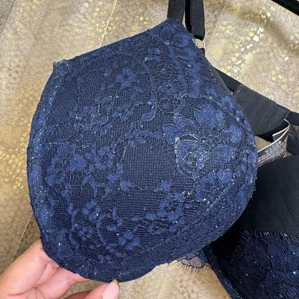 Victorias Secret Very Sexy Pushup Navy Blue Black Lace Rhinestone Bra 38DD